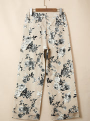 Beige Retro Floral Print Turn-up Cuffed Hem Loose Jeans - Damesmode Afbeelding 6 - Miniatuur