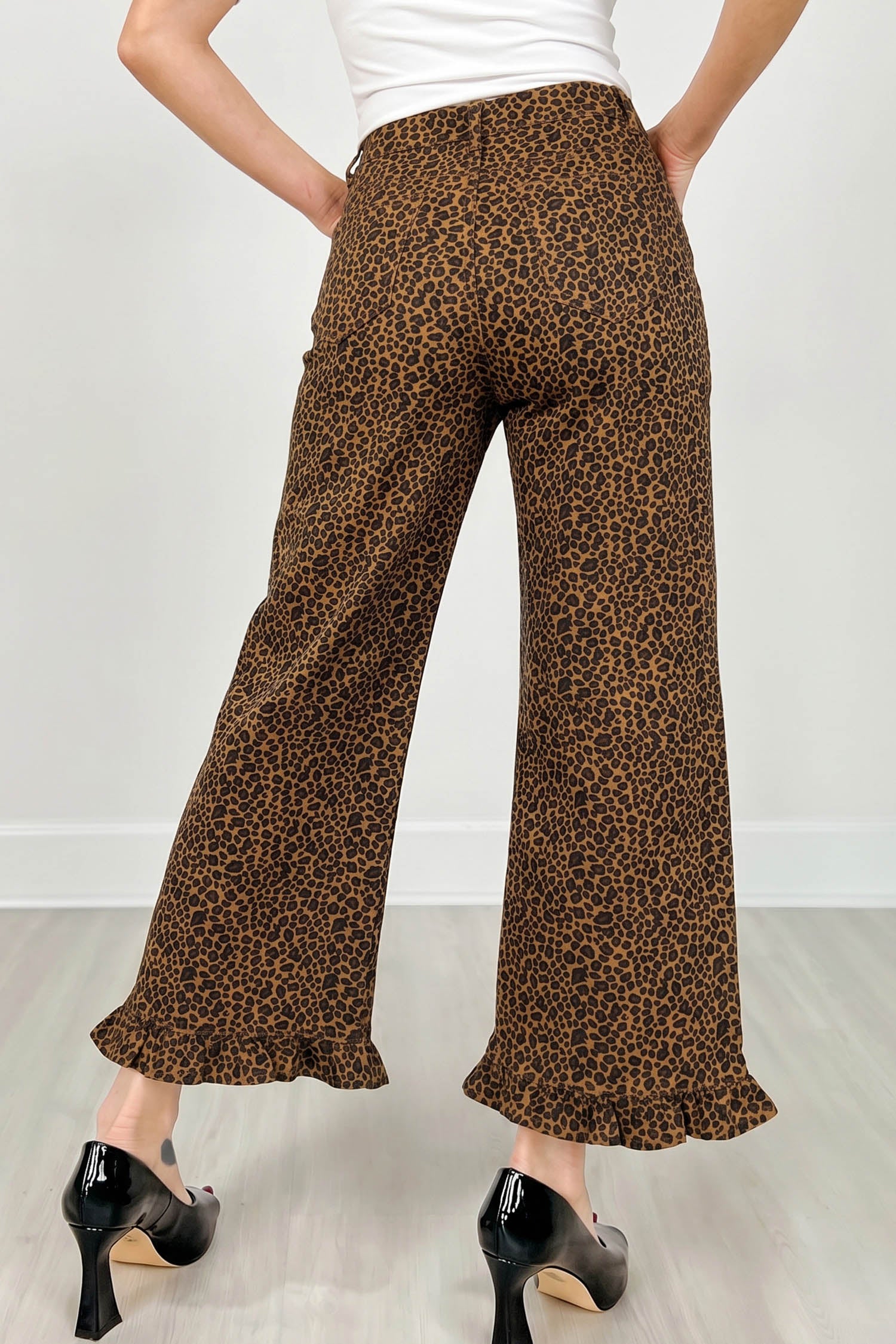 Brown Leopard Print Ruffled Hem Shift Jeans - Damesmode Afbeelding 4