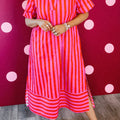 Red Stripe V Neck Cuffed Sleeve Relaxed Split Midi Dress - Foto 1
