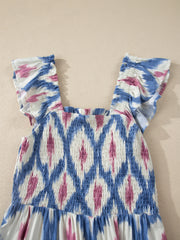 Himmelblaues, ethnisch-geometrisches Muster mit quadratischem Hals, hoch taillenförmigem Kleid mit Rüschenärmeln - Miniatuur