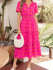 Rose Double Polka Dot Short Sleeve Shirred High Waist Midi Dress - Miniatuur