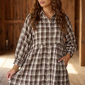 Brown Plaid Long Sleeve Short Shift Mini Dress - Damesmode Afbeelding 2 - Foto 2