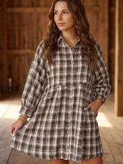 Brown Plaid Long Sleeve Short Shift Mini Dress - Damesmode Afbeelding 2 - Miniatuur