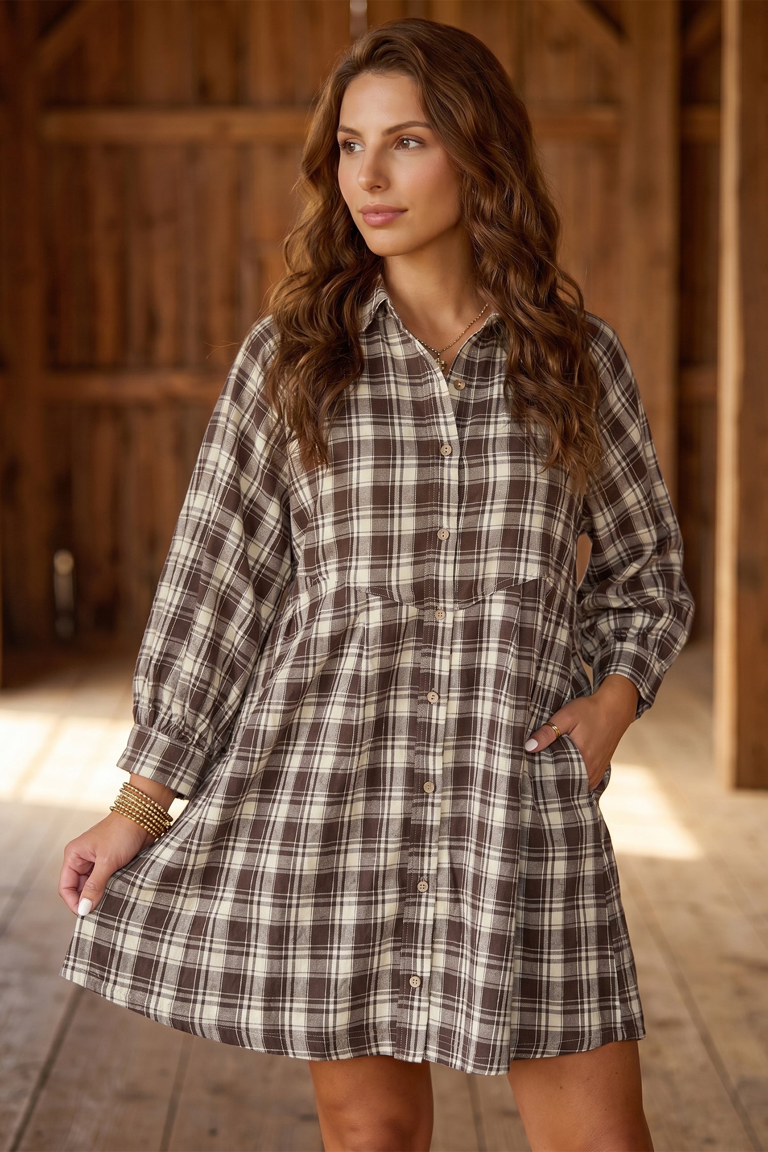 Brown Plaid Long Sleeve Short Shift Mini Dress - Damesmode Afbeelding 2