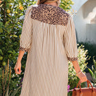 Khaki-Streifen-Quadratknopf-Hemdkleid mit Leopardenbesatz und lockerem Armband - Thumbnail
