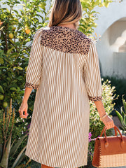 Khaki Stripe Square Button Leopard Trim Loose Bracelet Sleeve Shirt Dress - Miniatuur