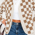 Brown Checkered Sherpa Buttoned Front Chunky Jacket - Damesmode Afbeelding 6 - Foto 6