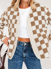 Giacca marrone Sherpa a quadri con bottoni e spezza - Damesmode Afbeelding 6 - Miniatuur