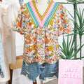 Mehrfarbige Häkelbluuse mit V-Ausschnitt und Puffärmel Boho-Blumenbluse - Foto 5