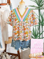 Camicetta a fiori boho a maniche a sbuffo all'uncinetto a V a crono - Miniatuur
