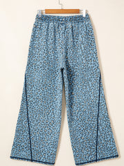 Blue Leopard Print Exposed Seam Detail Wide Leg Drawstring Jeans - Damesmode Afbeelding 4 - Miniatuur