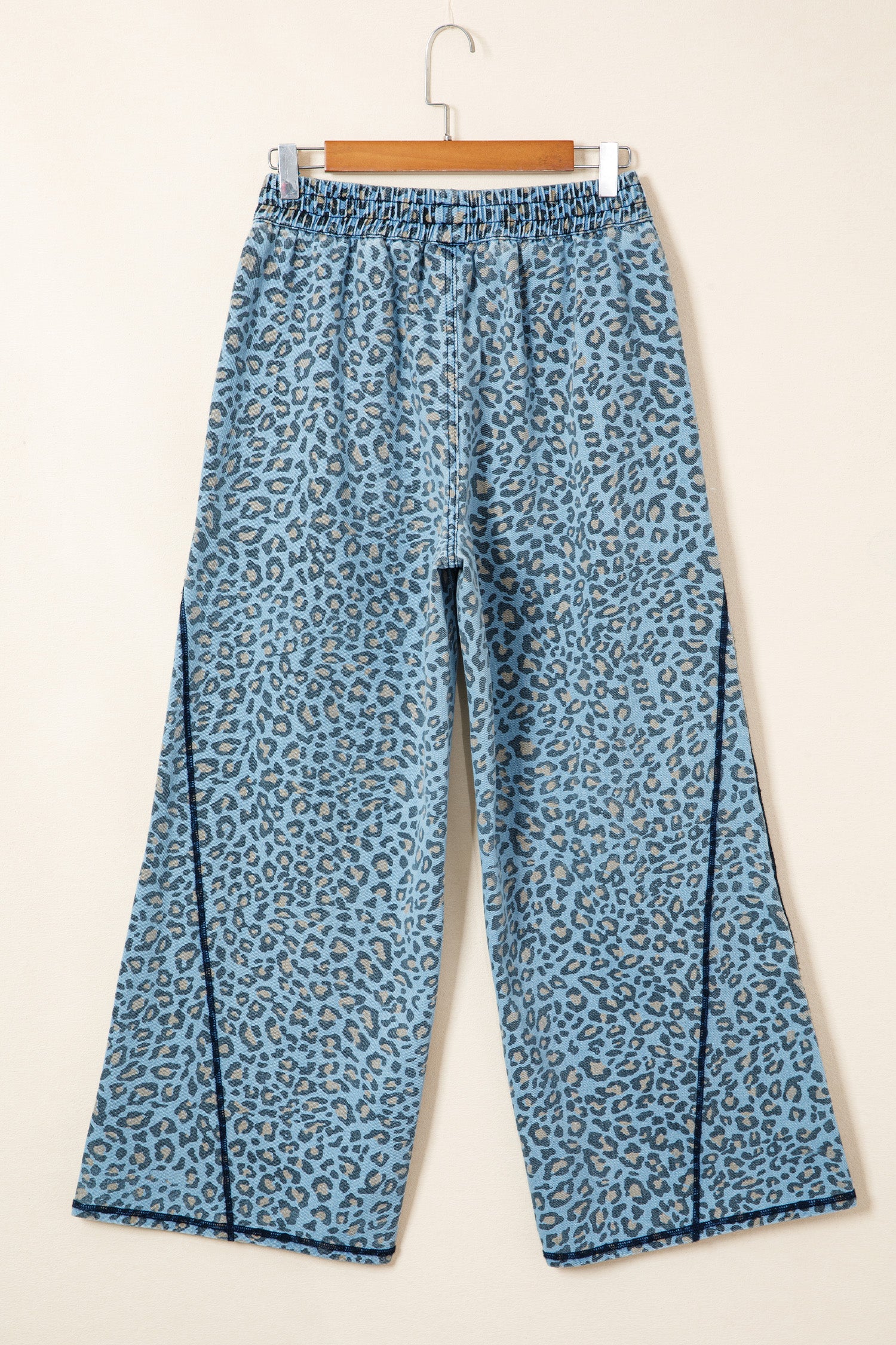Blue Leopard Print Exposed Seam Detail Wide Leg Drawstring Jeans - Damesmode Afbeelding 4