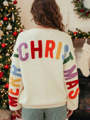 White Ho Ho Ho Slogan V Neck Button Front Embroidered Knit Cardigan - Miniatuur