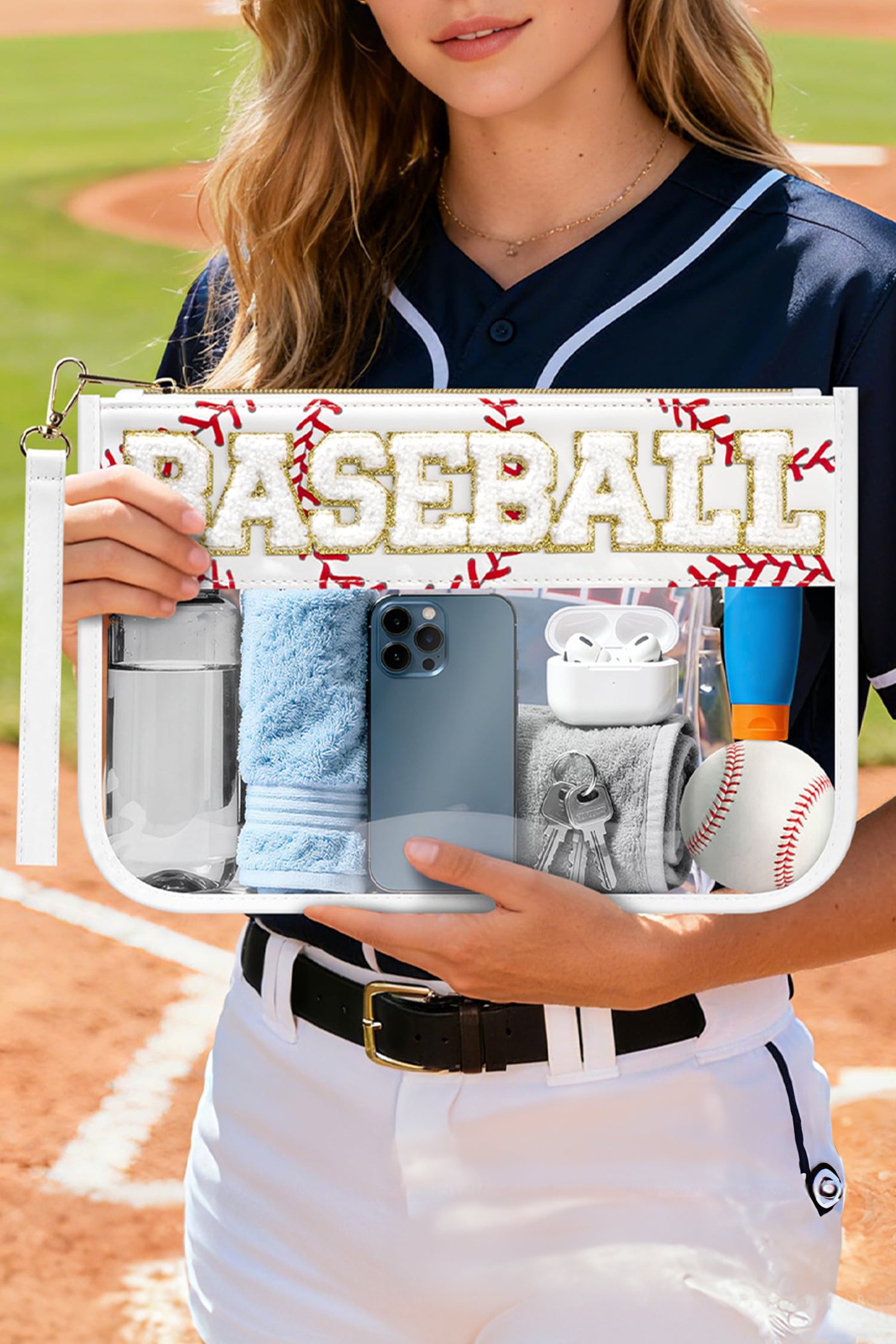 Brown BASEBALL  Chenille Letter Patch Game Day Stadium Clear PVC Cosmetic Bag - Damesmode Afbeelding 4