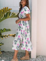 Himmelblaues, florales Puff-Kleid mit V-Ausschnitt und hohem Taille Maxi-Kleid - Miniatuur
