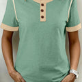 Hellgro Raw Seam Faarfblock Detail: Knäppchen Henley T-Shirt - Foto 5