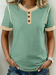 Light Grey Raw Seam Color Block Detail Buttoned Henley Tee - Miniatuur
