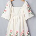 Beige Floral Print Puff Sleeve Babydoll Dress - Damesmode Afbeelding 4 - Foto 4