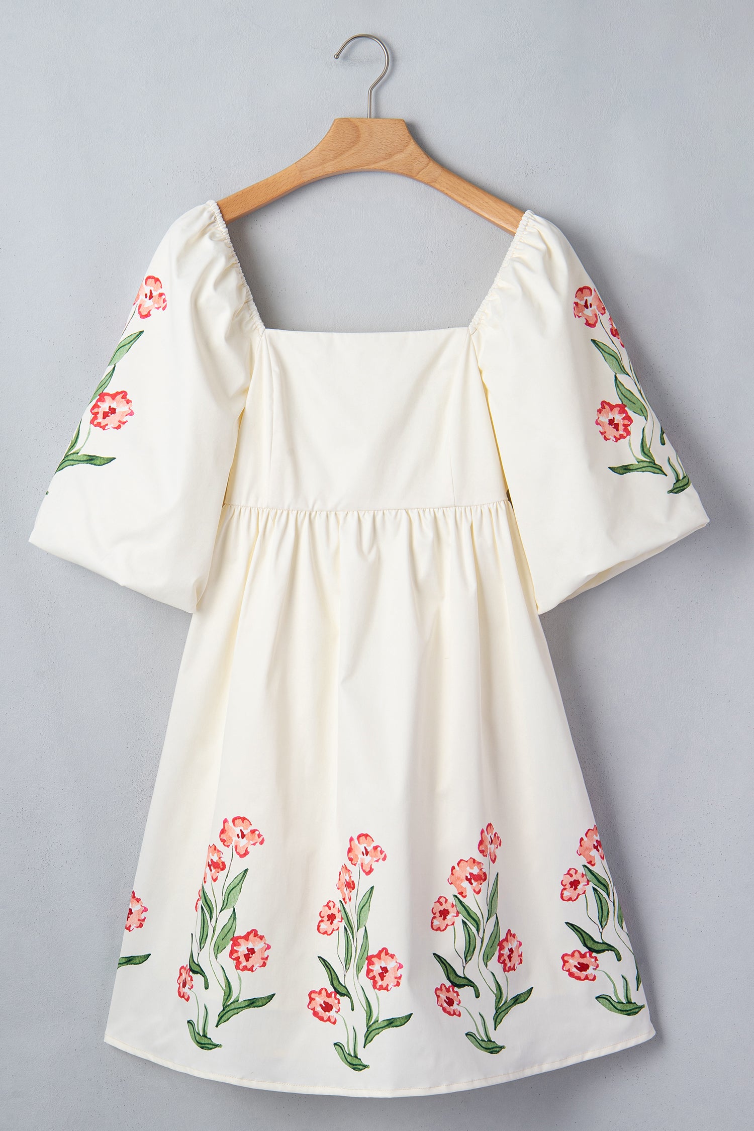 Beige Floral Print Puff Sleeve Babydoll Dress - Damesmode Afbeelding 4