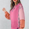 Aruba Blue Corded Texture Colorblock Patchwork Split Neck Long Sleeve Top - Damesmode Afbeelding 6 - Foto 6