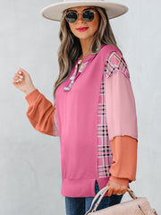 Aruba Blau Kordeltextur Farbblock Patchwork Spalthals Langarmshirt – Damesmode Afbeelding 6 - Miniatuur