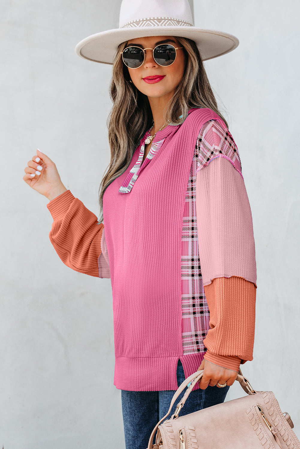Aruba Blue Corded Texture Colorblock Patchwork Split Neck Long Sleeve Top - Damesmode Afbeelding 6