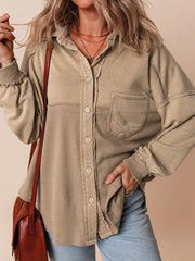 Goat Mineral Wash Textured Patchwork Loose Fit Shacket - Miniatuur