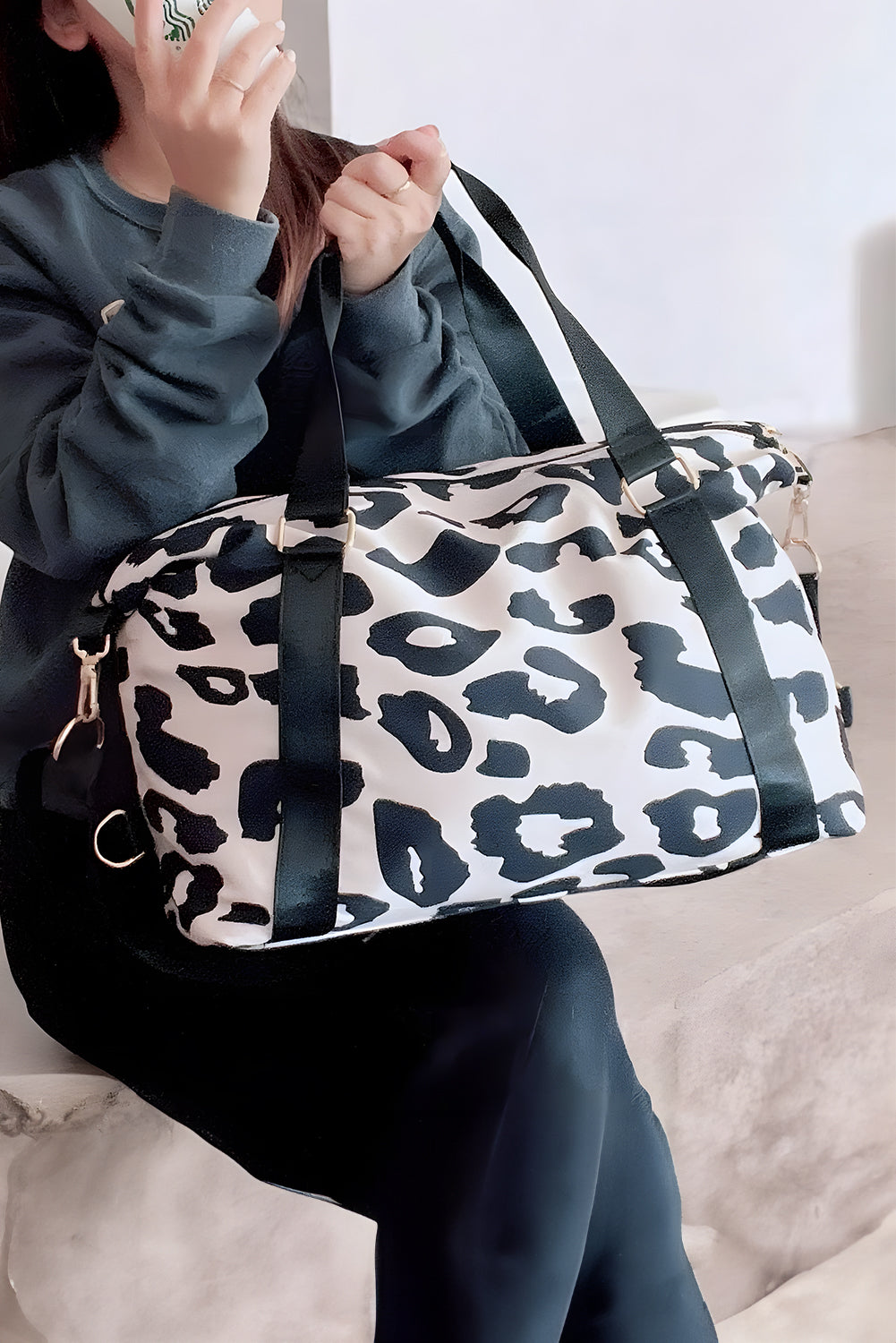 Grand sac de voyage noir à imprimé léopard