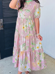 Pink Floral Print Short Puff Sleeve High Waist Tiered Maxi Dress - Miniatuur
