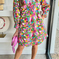 Pink Abstract Printed Lantern Sleeve Buttoned Mini Dress - Foto 3