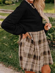 Black Plaid Patchwork High Waist Sweatshirt Mini Dress - Damesmode Afbeelding 3 - Miniatuur