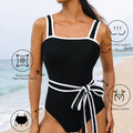 Black Colorblock Edge Belted One Piece Swimsuit - Damesmode Afbeelding 1 - Foto 1