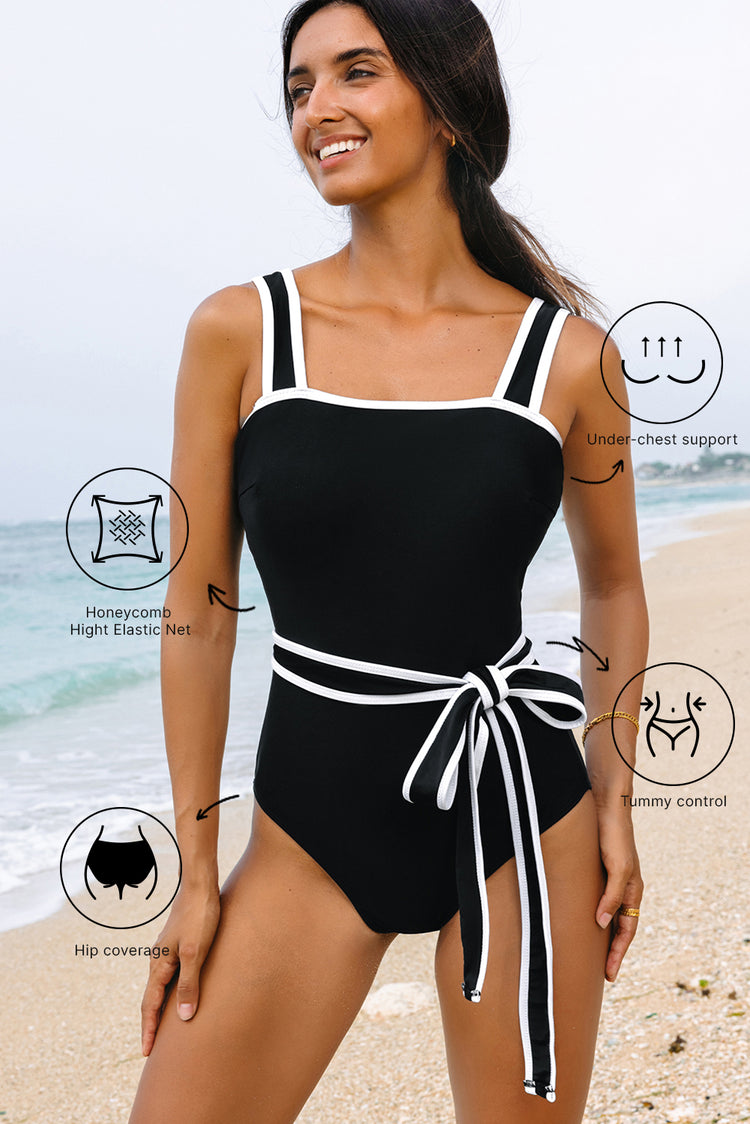 Black Colorblock Edge Belted One Piece Swimsuit - Damesmode Afbeelding 1 - Damesmode