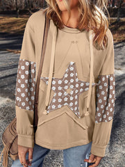 Aprikosenblumen-Patchwork-Star-Muster-Hoodie mit Kordelband – Damesmode Afbeelding 1 - Miniatuur