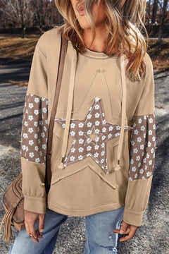 Apricot Floral Patchwork Star Pattern Hoodie with Drawstring - Redblad Damesmode