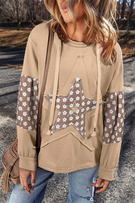 Aprikosenblumen-Patchwork-Star-Muster-Hoodie mit Kordelband – Damesmode Afbeelding 1