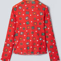 Fiery Red Christmas Elements Printed Long Sleeve Sheer Mesh Top - Foto 5