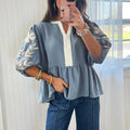 Smoke Green Color Block Patchwork V Neck Embroidered Puff Sleeve Babydoll Blouse - Foto 6
