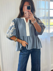 Smoke Green Color Block Patchwork V Neck Embroidered Puff Sleeve Babydoll Blouse - Miniatuur
