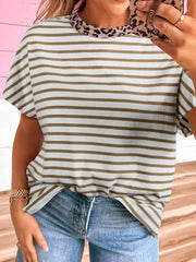 Khaki Stripe Leopard Patchwork Round Neck Loose T Shirt - Miniatuur