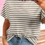 Khaki Stripe Leopard Patchwork Round Neck Loose T Shirt