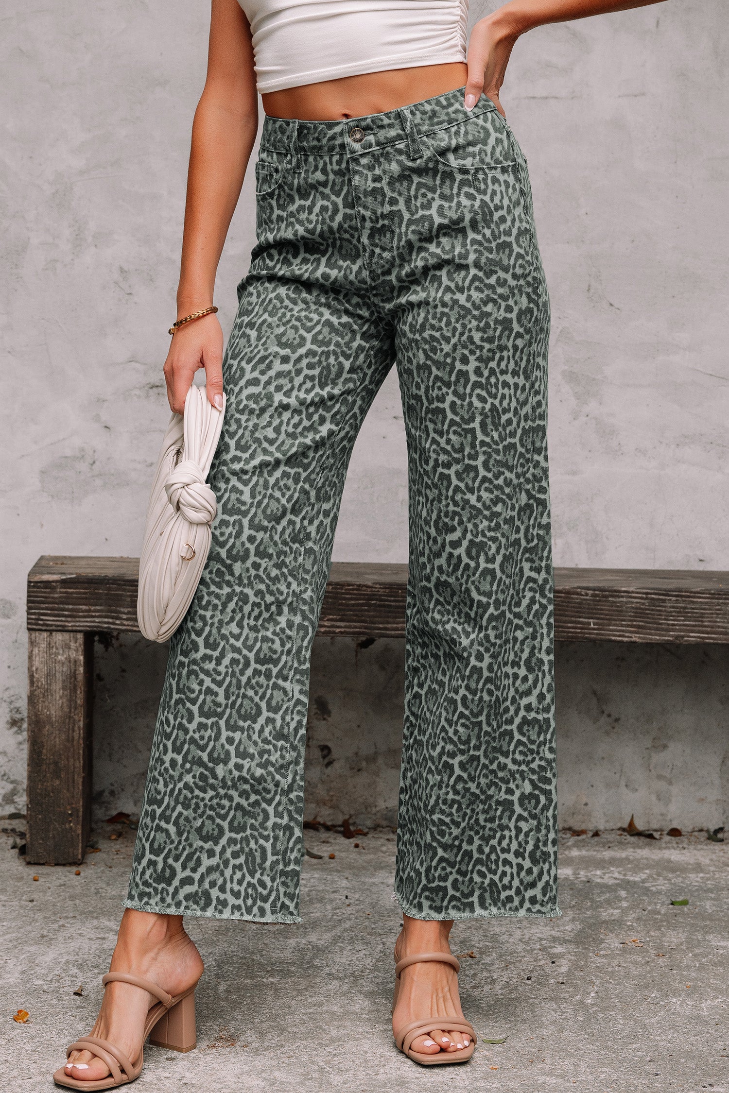 Brown Leopard Frayed Edge Wide Leg High Waist Jeans - Damesmode Afbeelding 10