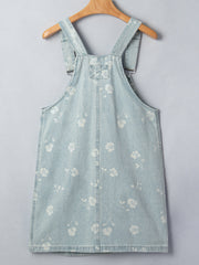 Sky Blue Retro Wash Denim Floral Print Overall Mini Dress - Miniatuur