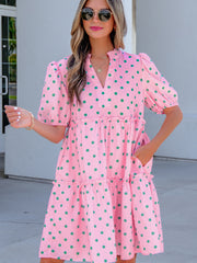 Pink Polka Dot Print V Neck Short Sleeve Tiered Mini Dress - Miniatuur