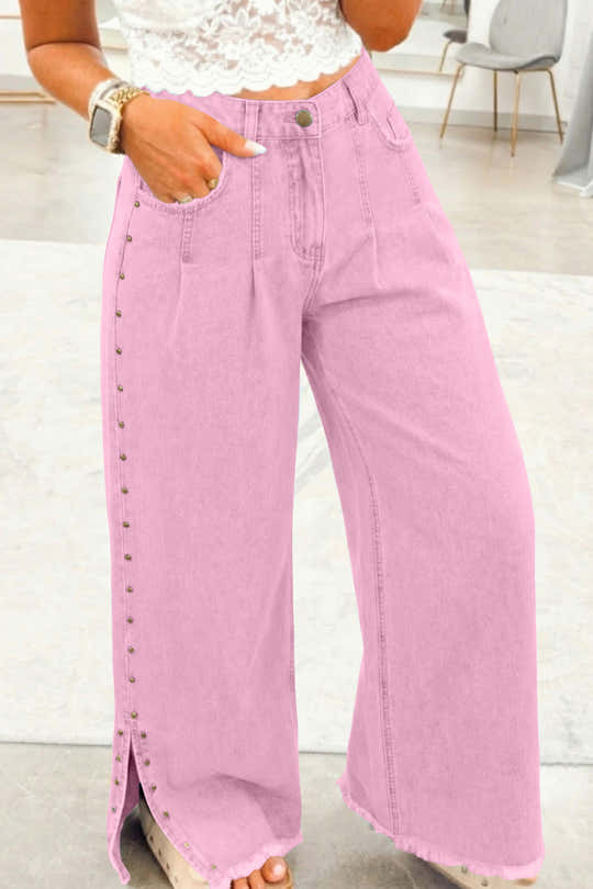 Détail latéral perlé rose Jeans amples fendus
