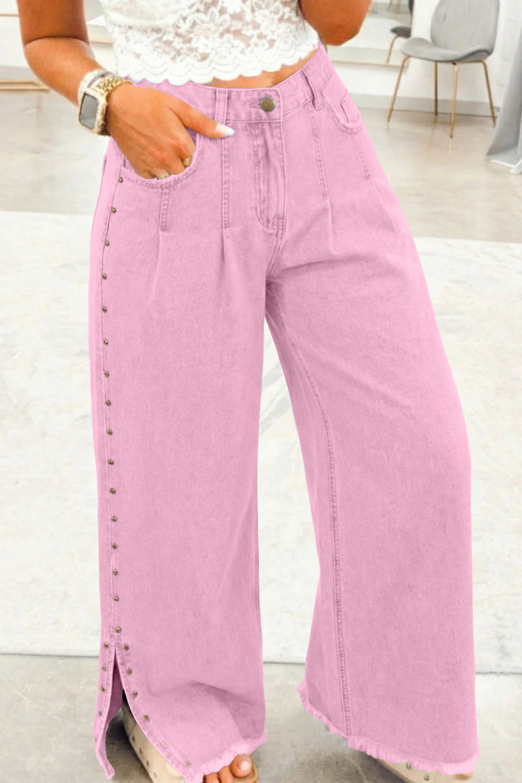 Détail latéral perlé rose Jeans amples fendus - Damesmode