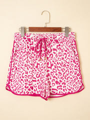 Pink Leopard Elastic Waistband Lace up Contrast Trim Casual Shorts - Miniatuur