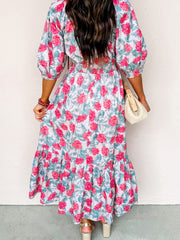 Red Elegant Floral Puff Sleeve Midi Dress - Miniatuur