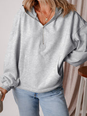 Aruba Blue Fleece Lined Half Zipper Kangaroo Pockets Loose Hoodie - Damesmode Afbeelding 6 - Miniatuur