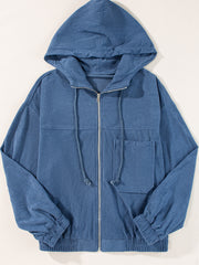 Real Teal Corduroy Drawstring Hooded Pocket Zip Up Jacket - Miniatuur